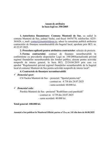 ANUNȚ ATRIBUIRE fonduri nerambursabile 2025