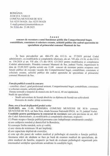 ANUNȚ CONCURS   recrutare consilier asistent