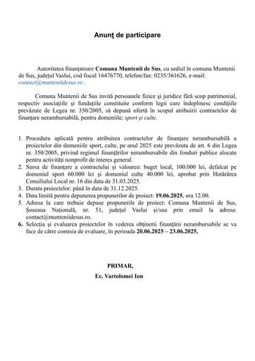 Anunț de participare fonduri nerambursabile