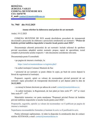 Anunț PH aprobare taxe și impozite 2026