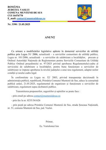 ANUNȚ ACTUALIZARE REGULAMENT SALUBRIZARE