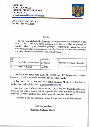 Rezultat selecție dosare concurs promovare grad