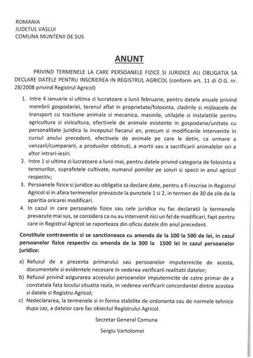 Anunț Registrul Agricol