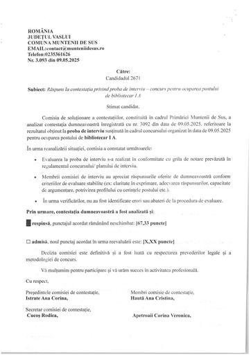 Răspuns contestație interviu bibliotecar IA