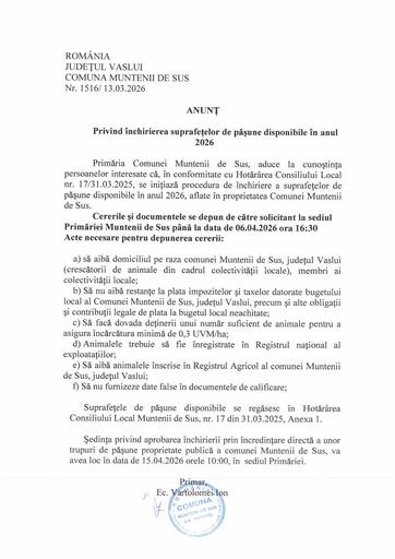 ANUNȚ închiriere pășune